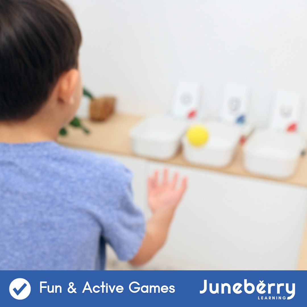 A child with brown hair is shown throwing a ball at three baskets, each with a letter card behind them whoing the letters d, o, g. At the bottom of the photo there is a checkmark, beside it says "fun and active games".