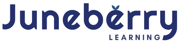 The Juneberry Learning logo is written in dark blue, with two blue leaves growing out of the top of the second e in juneberry.