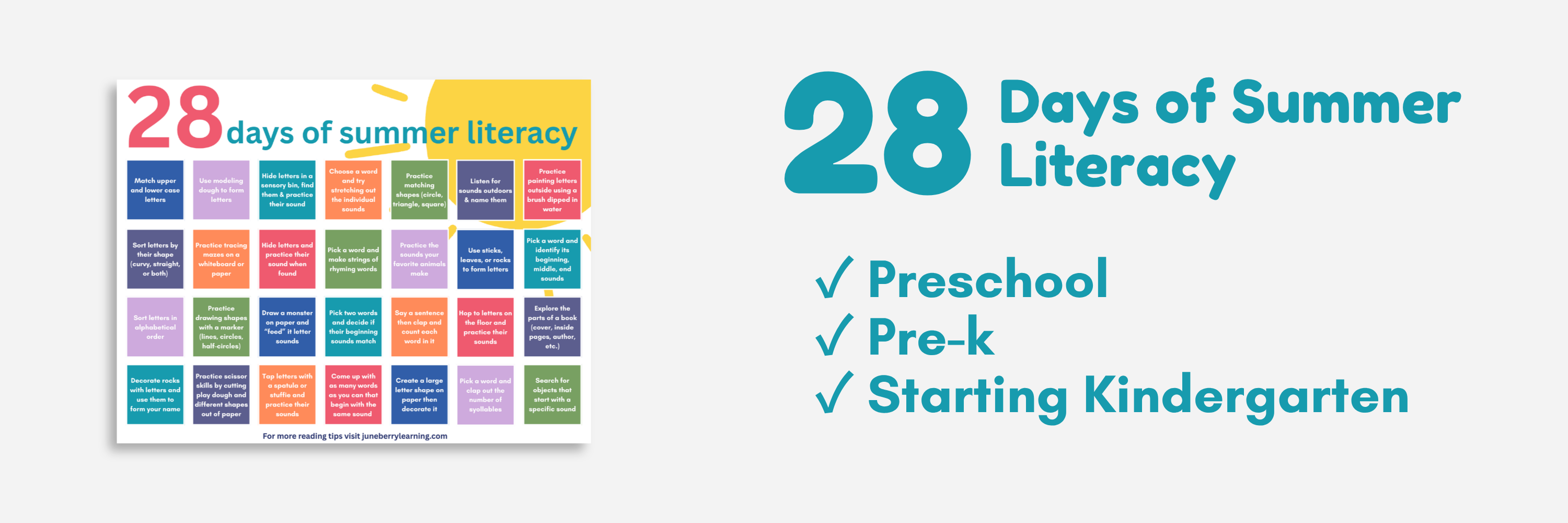 Promotional graphic for '28 Days of Summer Literacy' program targeting preschool, pre-k, and starting kindergarten students.