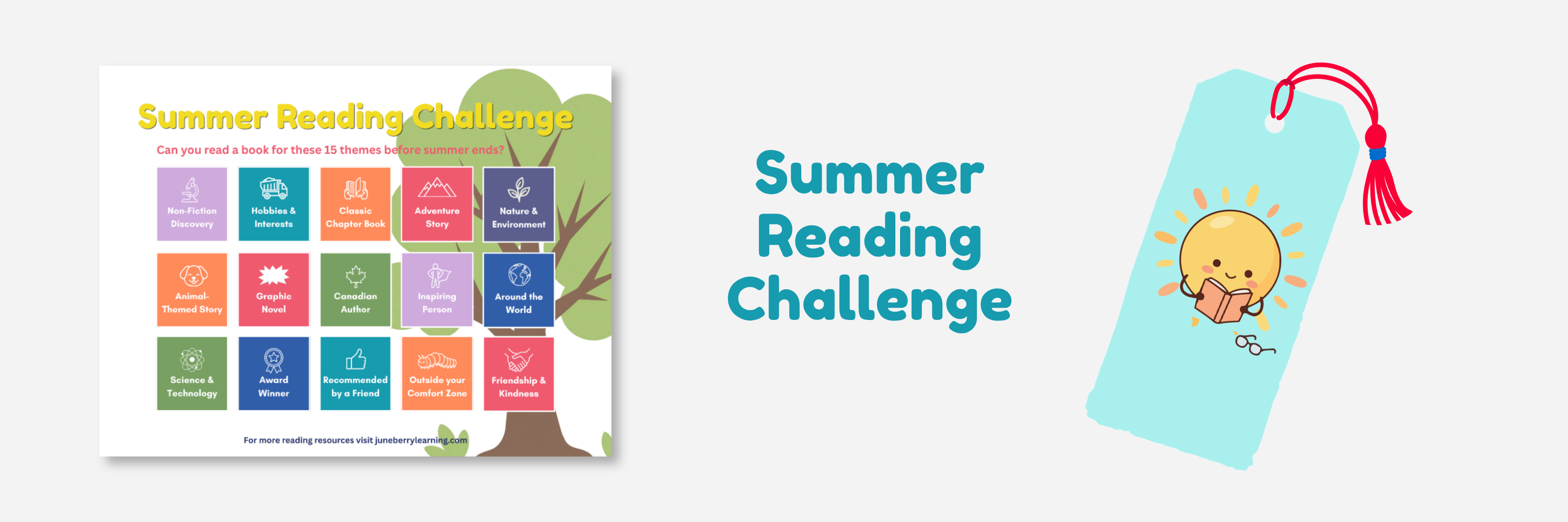 Summer reading challenge book and bookmark with a sun design on a white background
