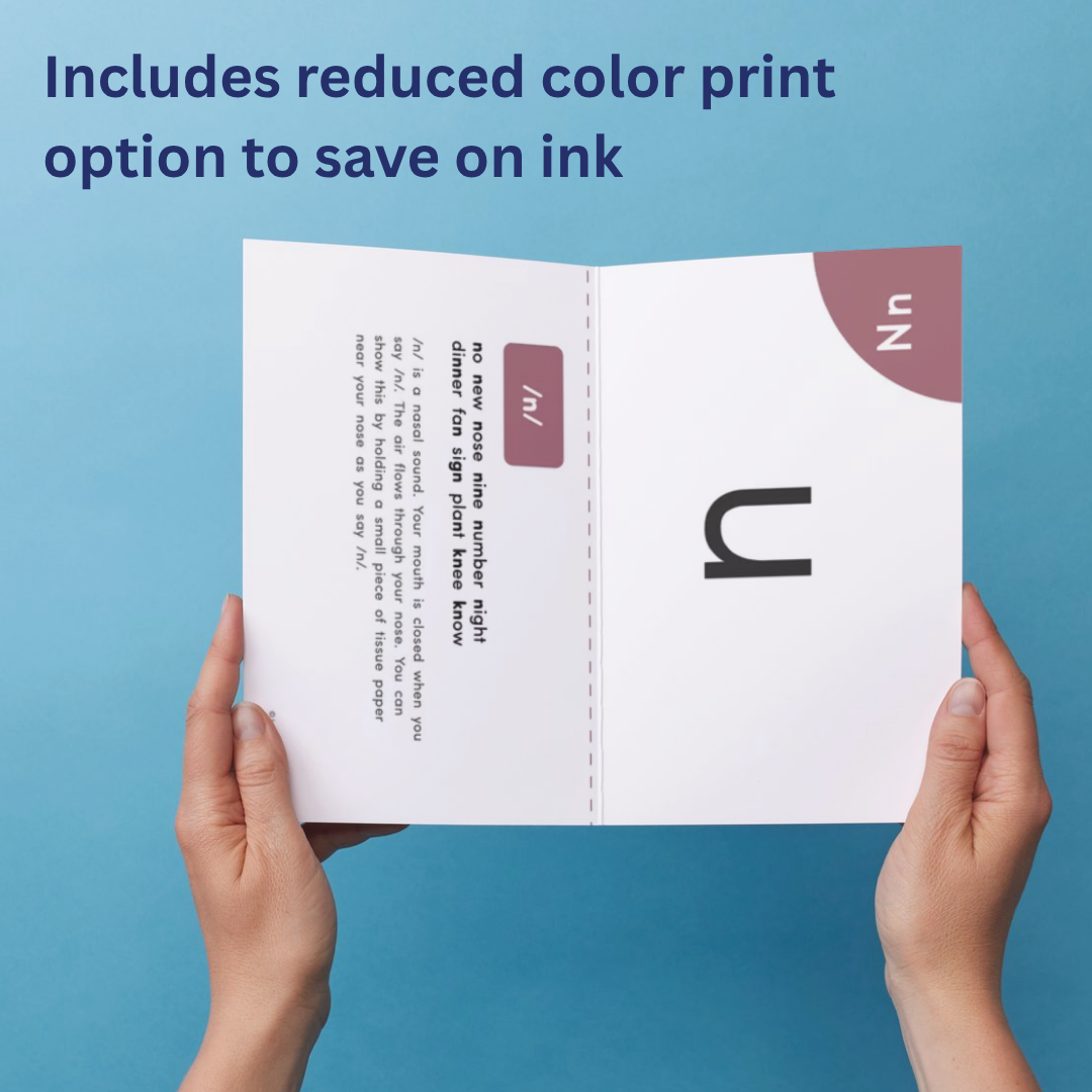 A sheet of printed paper held by hands with text about reduced color print option on a blue background