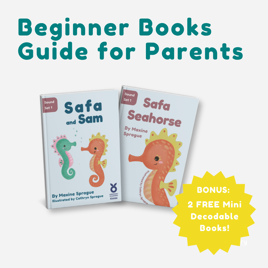 Two beginner reading children's books titled 'Safa and Sam' and 'Safa Seahorse' with a promotional badge for free mini decodable books on a light blue background.