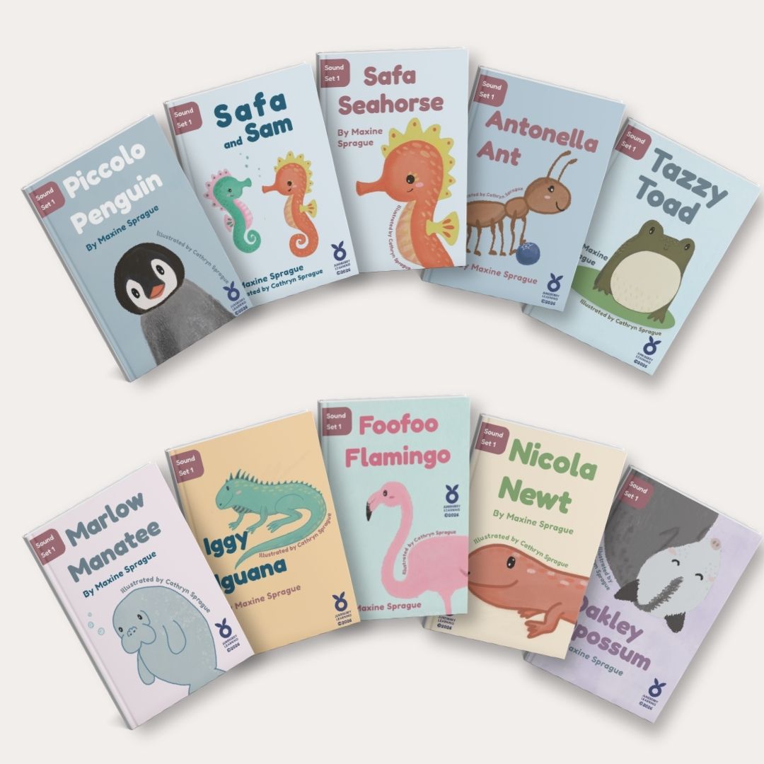 Collection of children's books with animal illustrations on a white background