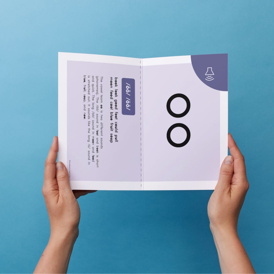 Open page with printed letters "oo" and tips for this sound, held by hands against a blue background