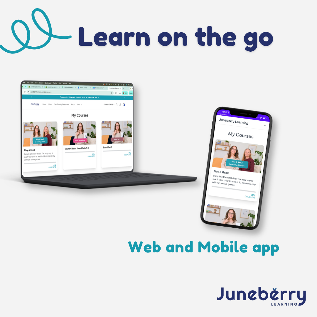 Laptop and smartphone displaying a learning platform with 'Juneberry Learning' branding.