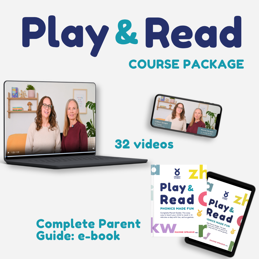 Promotional image of 'Play & Read' course package with laptop, tablet, and phone displaying video and e-book content.