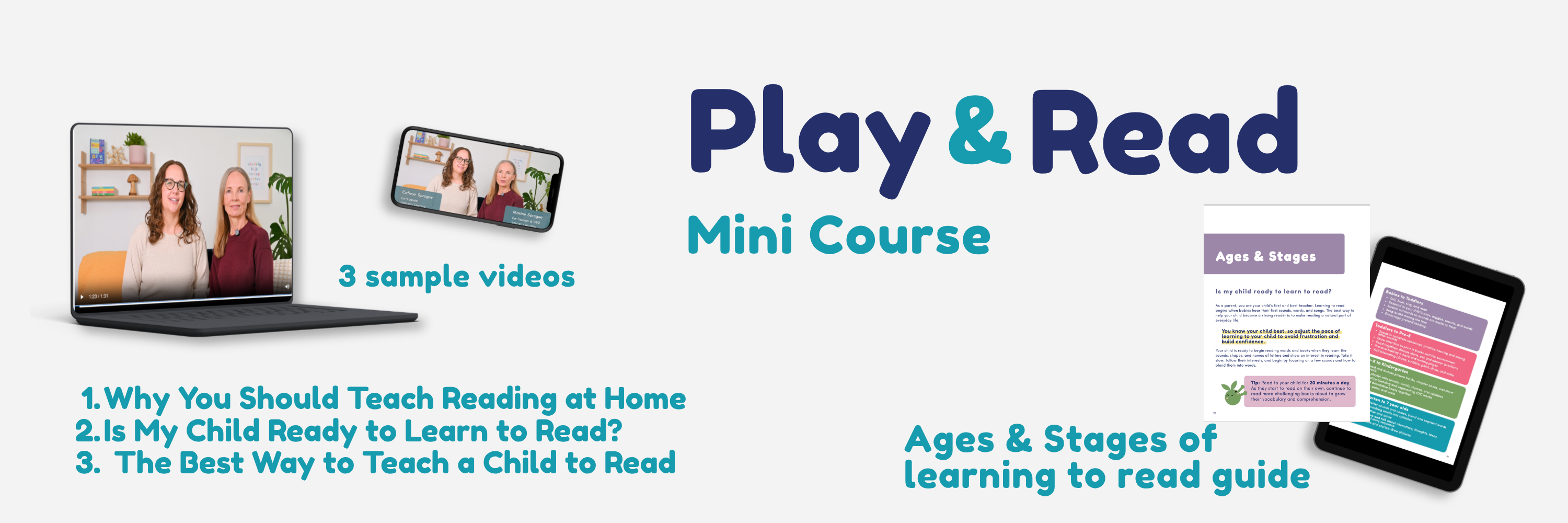 Promotional banner for a 'Play & Read' mini course with sample videos and learning guide on a laptop and smartphone.