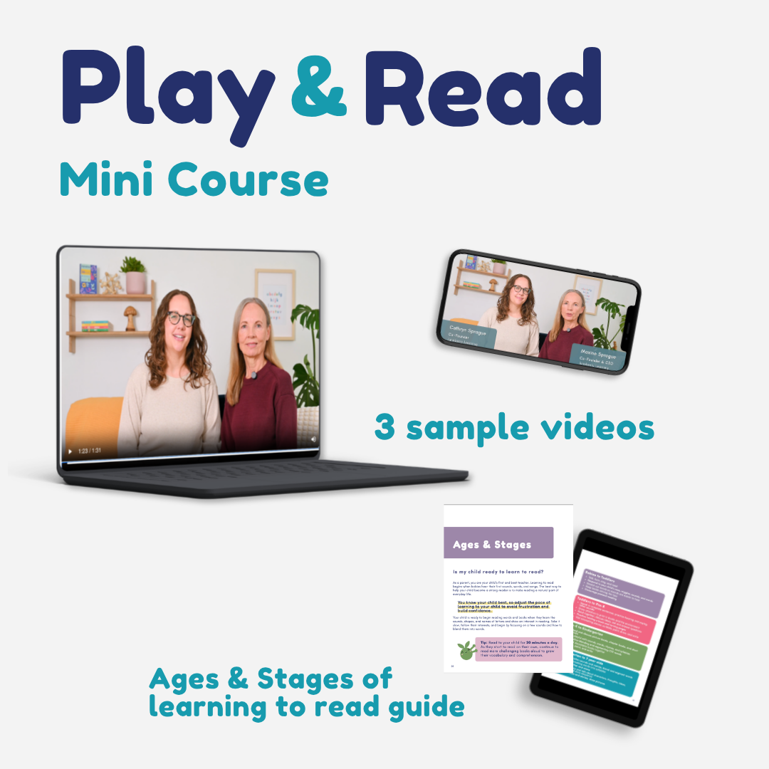 Promotional graphic for 'Play & Read Mini Course' with laptop, tablet, and smartphone displaying content.