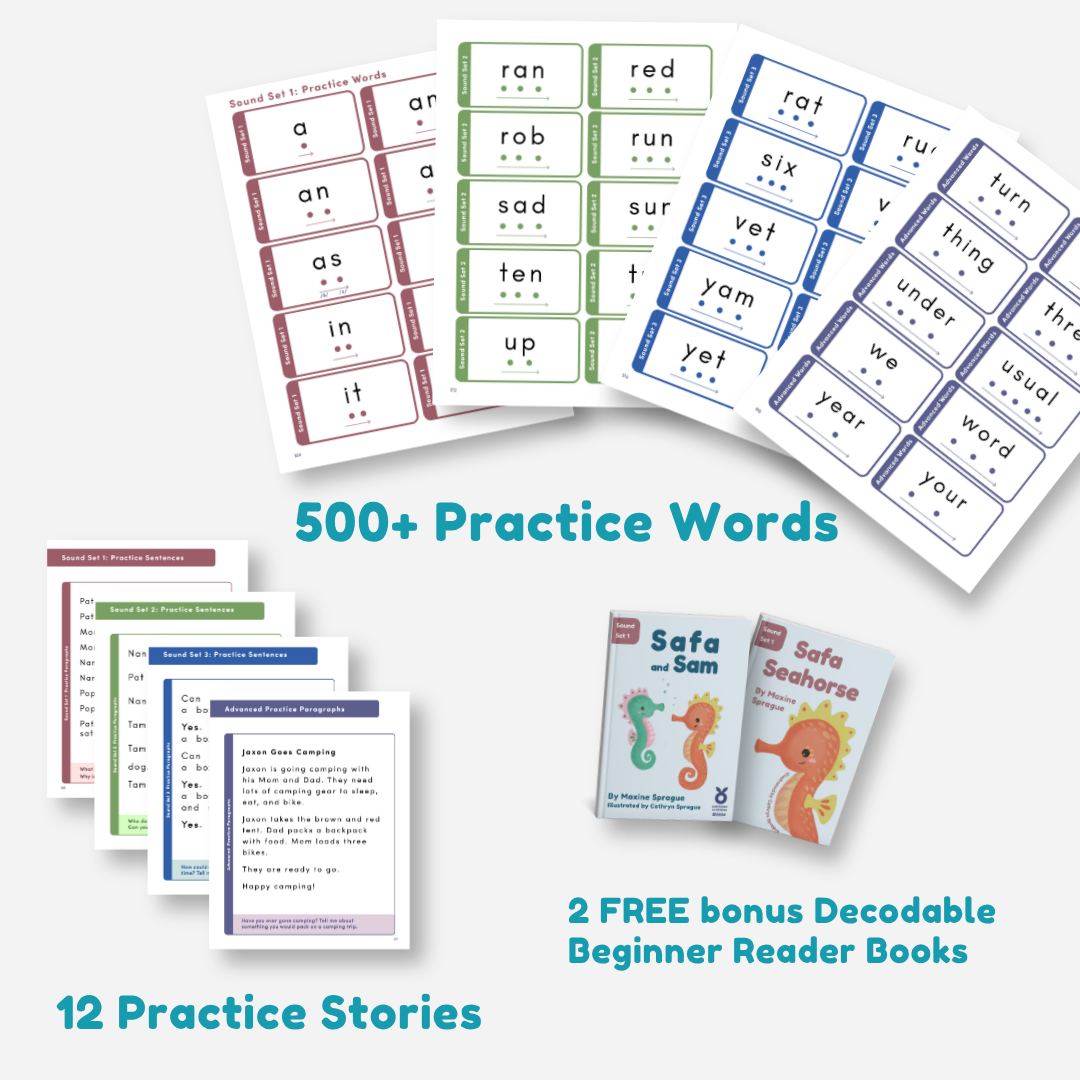 Showing sets of words to practice, sample practice paragraphs and sample books from the play and read course.