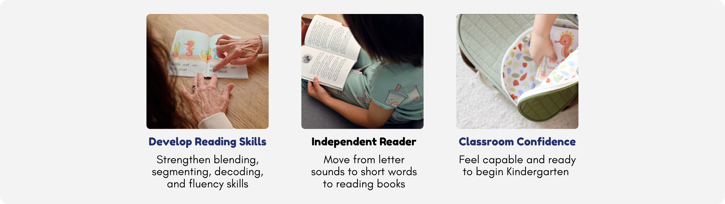 Three images showing educational activities with text on developing reading skills, becoming an independent reader, and gaining classroom confidence.
