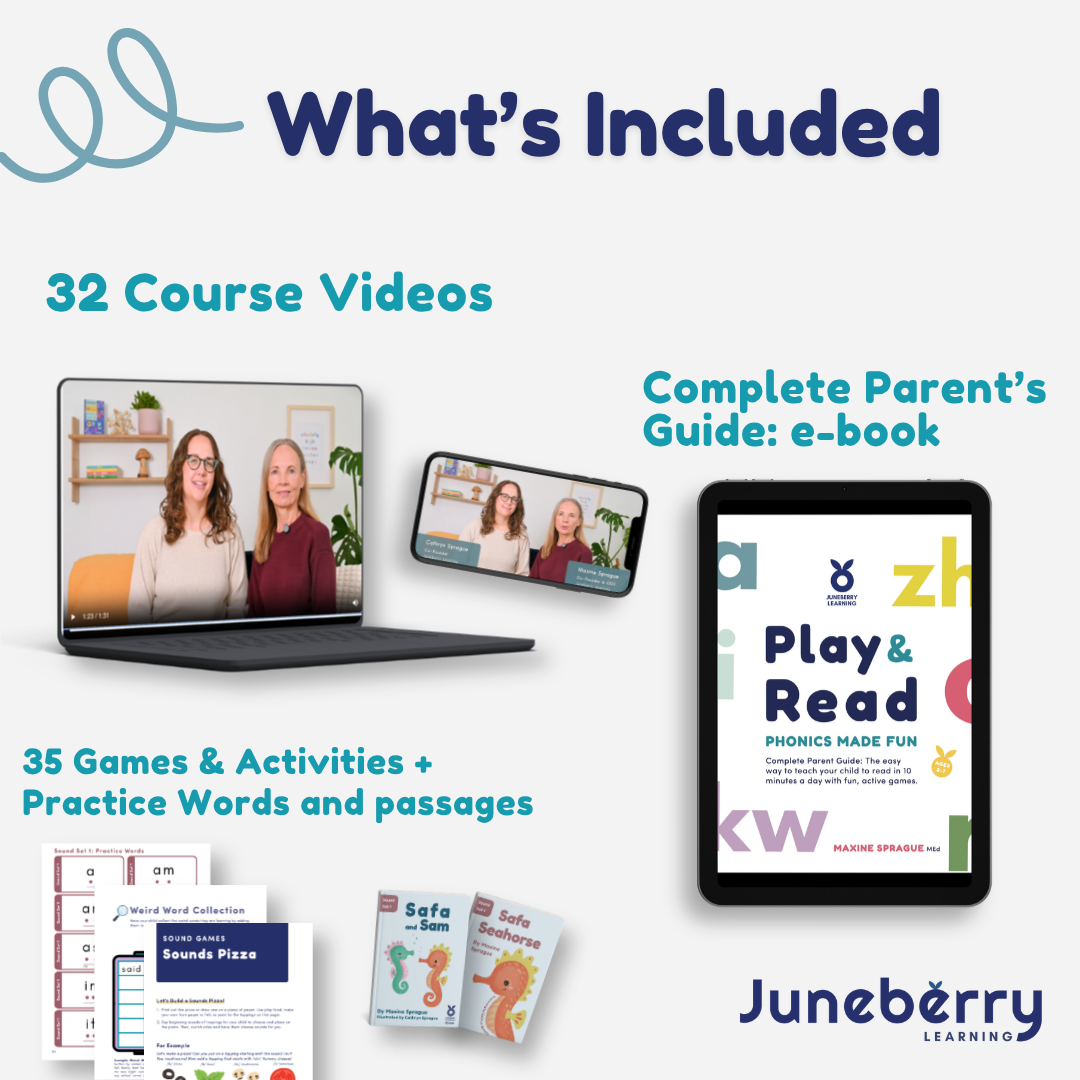 Educational materials including course videos, a parent's guide, games, and activities with Juneberry Learning branding.