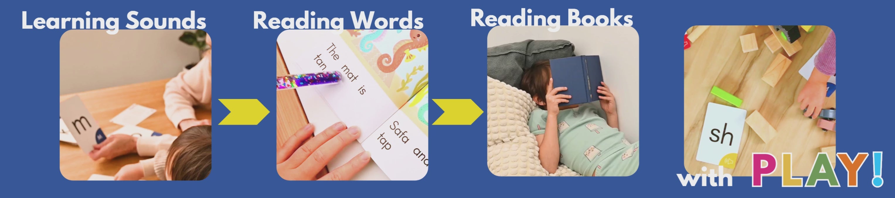 Load video: Videos showing children learning to read, starting with sounds and moving on to words and books.